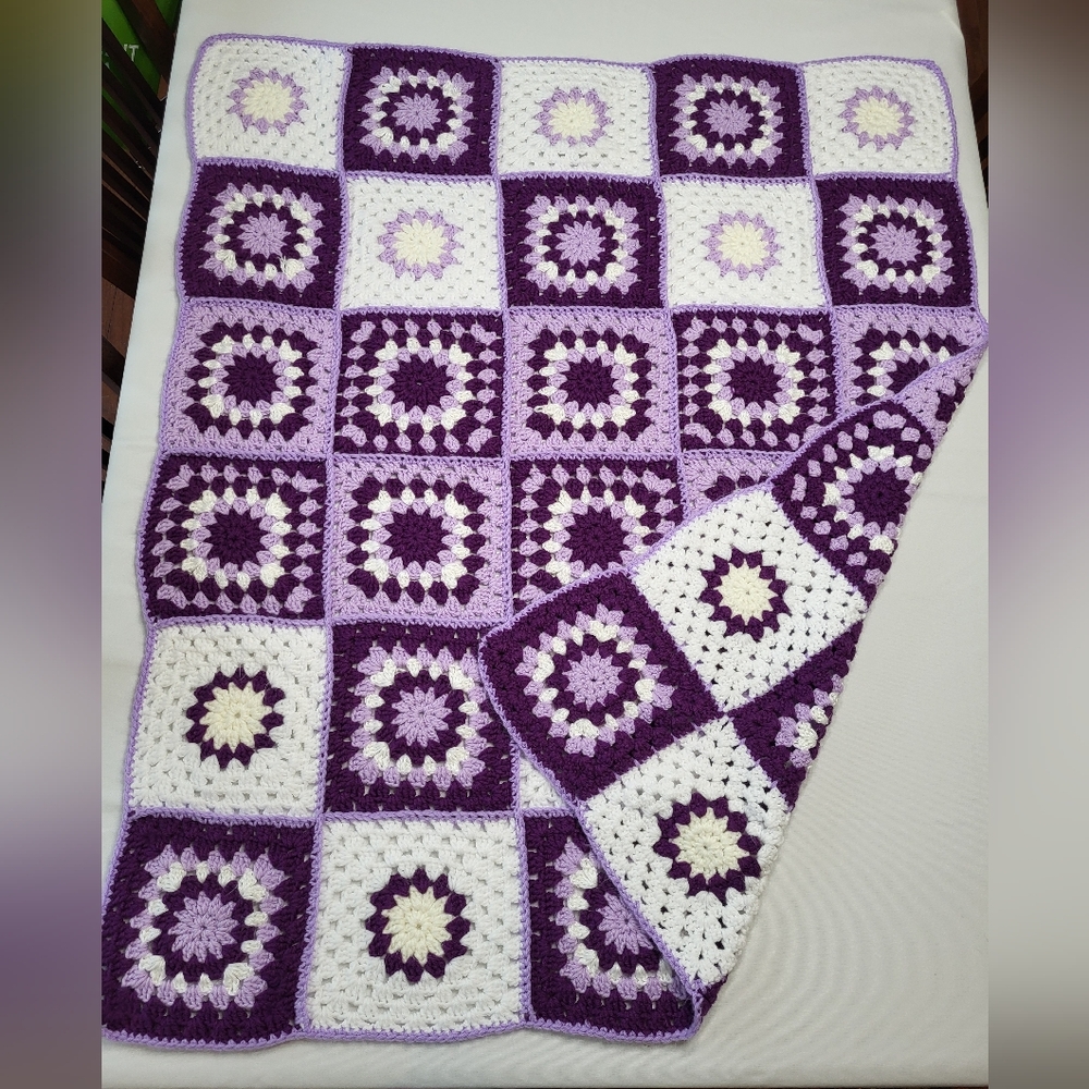 Purple and White Block Handmade Crochet Afghan Throw Lap Yarn Blanket 46"x38.5"
